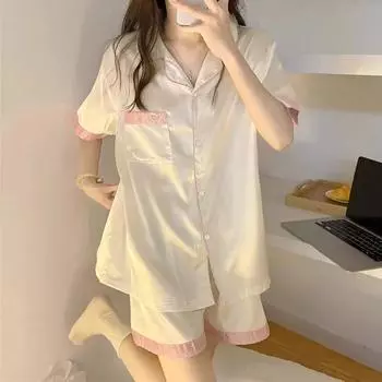 Французские Ins Романтичные Вышитые Сердца Женские Пижамы Простые Harajuku Сплайсированные Милые Леди Пижамы Летние Шикарные Пижамы M синий