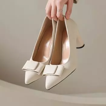 French large size high heels women s 2025 spring and summer new bow gentle lady style thick heel single shoes women 35