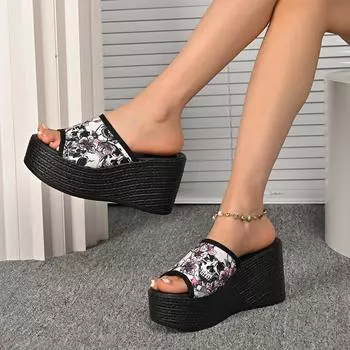 French large size wedged slippers women s 2024 new casual and versatile outer wear open-toed foreign trade one-word wedged slippers 36