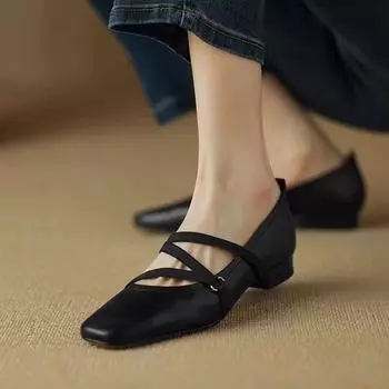 French leather flat-soled single shoes women s 2025 new retro cross with square head soft sole light mouth Mary Jane shoes low heel 34