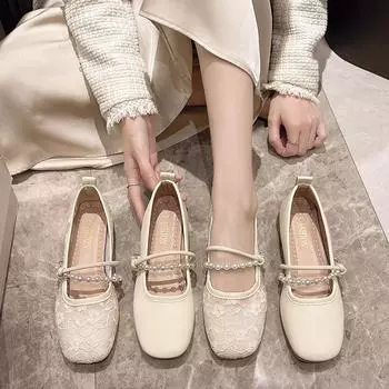 French leather shoes flat-soled single shoes spring and summer shallow mouth pearl one-word buckle with fashionable mesh women s soft-soled 35