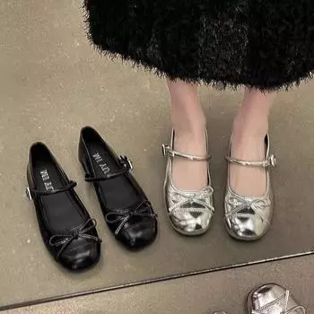 French light mouth bow single shoes women s 2024 summer new solid color flat bottom with skirt one-word buckle Mary Jane shoes 35 чёрный