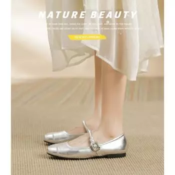 French~ Light mouth Mary Jane single shoes 2025 summer new flat bottom inner height increase soft sole women s shoes silver small leather shoes 34