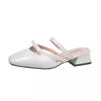 French low-heeled gentle baotou half-slippers women s summer 2025 new square head bow women s thick-heeled cool slippers 35