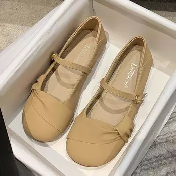 Французские туфли Мэри Джейн Женские однобортные туфли Весенние маленькие ароматные босоножки Плоская подошва Вечерние нежные маленькие кожаные туфли 35 бежевый