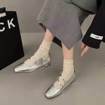 French Mary Janes Shoes Square Toe Double Buckle Strap Shallow Thick Heels Ladies Pumps Office Career Shoe Zapatos Mujer 35 чёрный