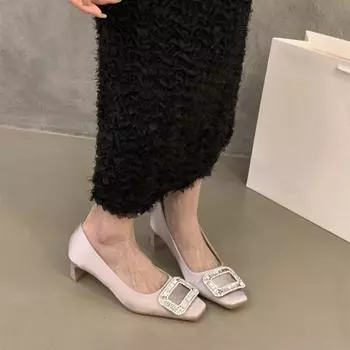 French medium and high heel square head rhinestone single shoes women s shoes 2025 spring temperament celebrity black high-end commuter shoes 35 чёрный