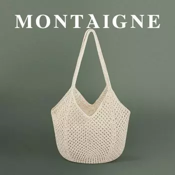 French Montaigne Crocheting Bag Women Seaside Beach Bag Hand-Woven Hollow Shoulder Tote Big Bag Mibai-Beige