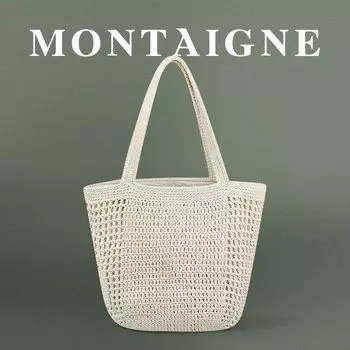 French Montaigne Korean Series Idle Style Handmade Knitted Shoulder Bag Woven Hollow Vacation Mesh Bag Beige-Beige
