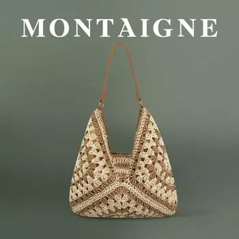French Montaigne/Montian Versatile Commuter Shoulder Woven Bag Large Capacity Tote Bag Straw Woven Vacation Women s Bag khaki-Color blocked khaki