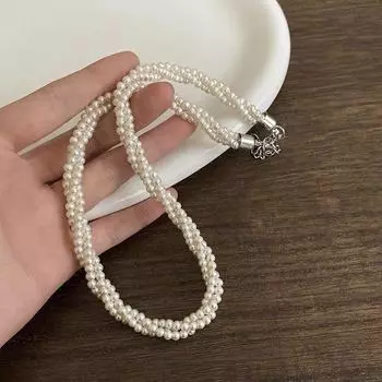 French Multi-Layer Twin Pearl Necklace for Women Accessible Luxury Fancy Necklace Cable Stitch Clavicle Chain Niche Temperament Ornament Multi-layer winding necklace
