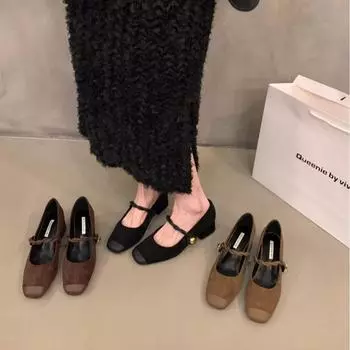 French new flat bottom shallow mouth square head skirt with 2024 Mary Jane shoes women s single shoes autumn soft temperament 35 коричневый