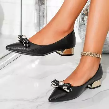 French new pointed pearl bow thick heel single shoes advanced black office workers comfortable versatile professional commuter shoes 35 чёрный