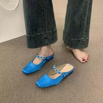 French niche fairy wind bag head half slippers female summer wear lazy one pedal satin low heel muller shoes sandals 35 синий