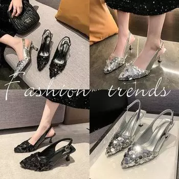 French niche high heels women s 2025 summer new bag head empty sequins fairy style pointed head thin heel temperament sandals 35 серебряный