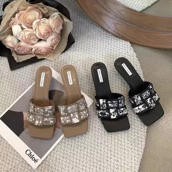 French niche premium cool slippers women s 2024 summer new fashion thin heel small fragrant style high heel sandals 35 чёрный