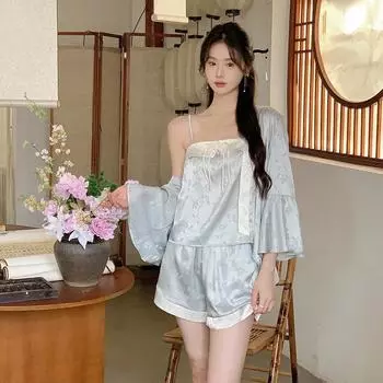 Французский пижамный костюм новый слинг ледяной шелк сексуальный костюм-тройка с длинными рукавами верхняя одежда домашняя одежда для женщин S