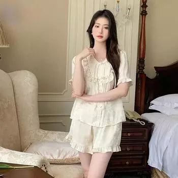 Французский пижамный костюм, новые летние шорты с короткими рукавами, костюм Ice Silk, ретро-стиль, милый и свободный, новая домашняя одежда S бежевый