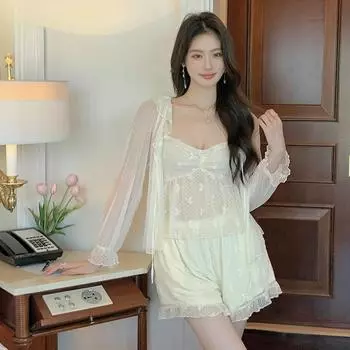 French Pajamas Suit NewSling Outer Mesh Sexy Three-piece Suit Long Sleeve Outer Wearing Home Clothes Women S бежевый
