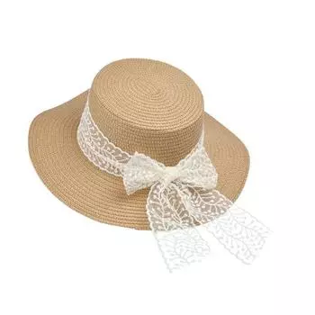 French Pastoral Style Straw Hat Feeling Seaside Holiday Travel Sun Hat Outdoor Sun Protection Atmosphere for Children Summer Sun Hat 8854-Lace Bows khakis