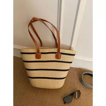 French Pastoral Style Straw Woven Bag Women s Summer Seaside Beach Large Capacity Shoulder Bag Fashion Commuter Tote Large-striped high about 28cm wide about 36cm]