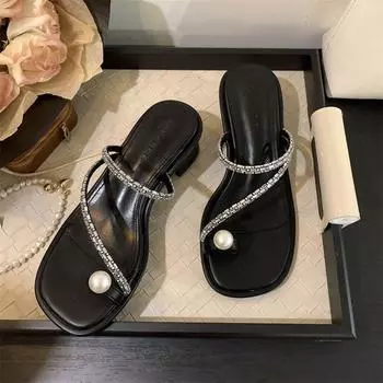 French pearl cover toe cool slippers women s shoes wear 2025 new summer Internet celebrity silver rhinestone high-heeled sandals 35 серебряный