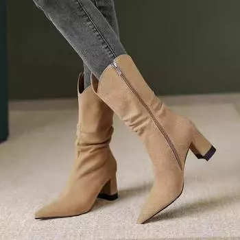 French Pile Boots Suede Medium Heel Martin Boots Pointed 2024 Autumn and Winter Skinny Boots Coarse Heel Short Boots Women 34 чёрный