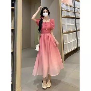 French Pink Pleated Gradient Dress Summer New Waist-hugging Versatile Slim Midi Skirt S розовый
