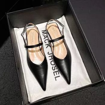 French pointed flat heel 2025 new OL commuter shallow mouth one word with fashion single shoes rear strap women s shoes 34 чёрный