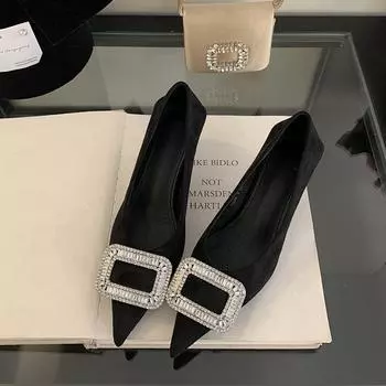 French pointed head shallow mouth single shoes women s 2025 new suede daughter celebrity light luxury rhinestone temperament high heels stiletto 35 чёрный