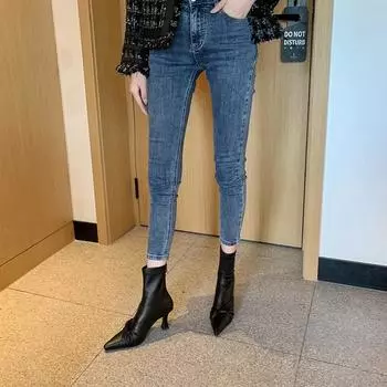 French pointed short boots women s soft leather medium single boots 2025 new thin heel boots high heel Internet celebrity elastic thin boots 34 чёрный