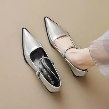 Французские остроносые одинарные туфли женские на толстом каблуке с одним ремешком высокие каблуки темперамент серебристые туфли Мэри Джейн 34 серебряный
