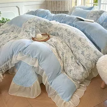 French Princess Wind Milk Fleece 4Pcs Set Winter Thickened Coral Fleece Cut Flower Bed Cover Quilt Cover 4 1.5m bed sheet 4pc