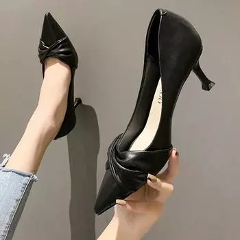 French Professional Black High Heels Women Spring Autumn Season Commuting Elegant Girl Sharp Head Slim Heels Pu Material Low 35 бежевый
