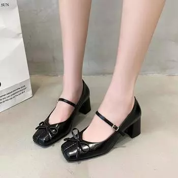 Французские туфли на высоком каблуке чистого цвета, женские летние новые туфли с бантом, женские туфли в винтажном стиле Мэри Джейн 35 чёрный