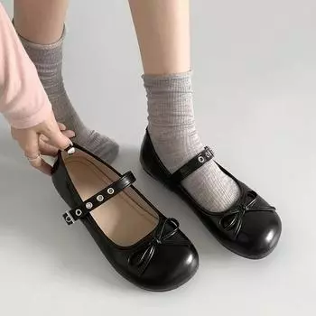 French Retro Bow Shallow Mouth Ballet Shoes Women Fashion Mary Jane Shoe 2024 Spring Autumn New Round Toe Belt Buckle Loafers 35