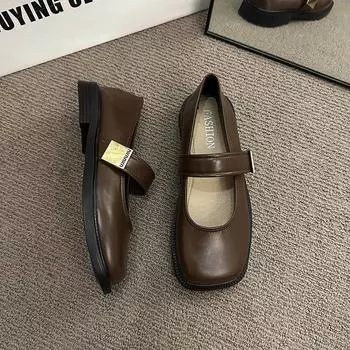 French retro brown square head Mary Jane shoes women s 2024 new Korean version casual velvet light mouth single shoes women s flat bottom 35 светло-коричневого