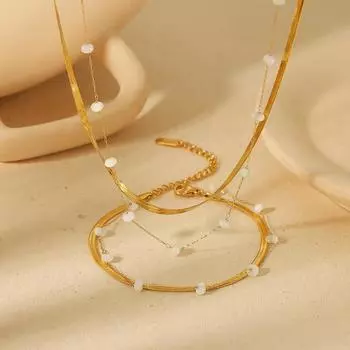 French retro double-layer stacked blade chain bead chain necklace 18K gold stainless steel high-end jewelry set women