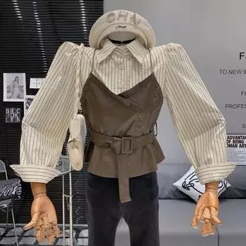 Французский ретро-дизайн моды, полосатый, сращивающийся, талия, тонкая, из искусственной кожи, подтяжки, рубашка, комплект из двух предметов для женщин S Below 50 kg хаки