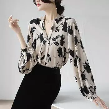 French Retro Ink Printed Satin Shirt Women Spring Autumn New Niche V-neck Long Sleeve Pullover Puff Sleeves Top M-3XL L бежевый