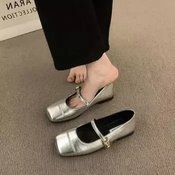 French retro light mouth square head with Mary Jane small leather shoes women s shoes fashion casual flat commuter shoes 35 коричневый