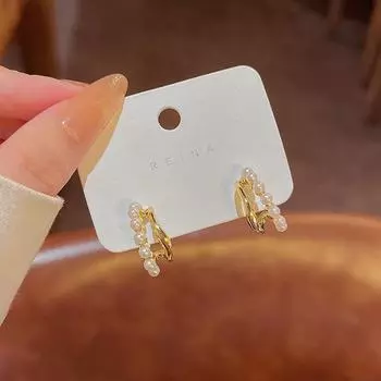 French Retro Pearl Earrings - S925 Silver, Irregular Geometric Design, Celebrity Style, Versatile for Any Occasion E5218 золотой