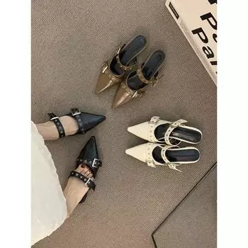 French retro pointed head low heel niche half slippers women s summer temperament belt buckle Mary Jane bag head evening shoes 35