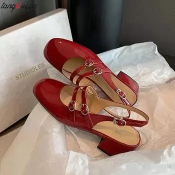 French Retro Red Mary Jeans shoes Woman Patent Leather Double Breasted Sandals Women Elegant Square Toe Single Shoes black 4.5
