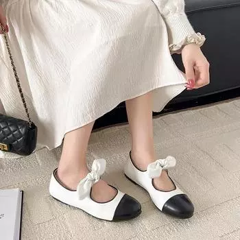 French retro small fragrant style bow Mary Jane shoes women s 2025 new cute round head light mouth color matching flat shoes 35 белый