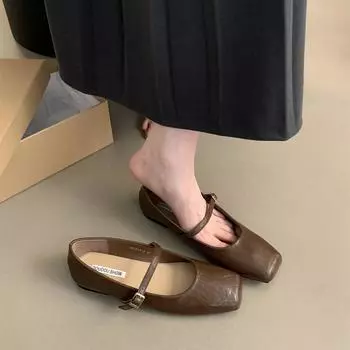 French retro square head shallow mouth single shoes women s 2024 spring new Korean version fairy casual soft flat Mary Jane shoes 35 чёрный