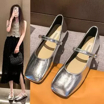 French retro square head shallow mouth single shoes women s 2024 autumn new Korean version fairy casual soft flat Mary Jane shoes 35 серебряный