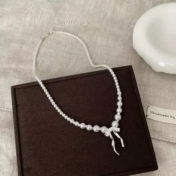 French Retro Streamer Bow Pearl Necklace Female Gentle Sweet Cute Exquisite Versatile Neck Chain Collarbone Chain