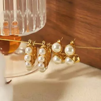 French retro style niche fashion earrings 18K gold stainless steel large pearl U-shaped earrings high-end earrings women