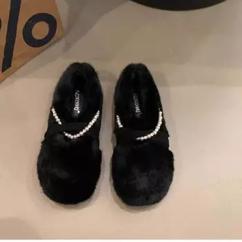 French retro versatile light mouth flat bottom plush cotton shoes women s 2025 new spring and autumn round head pearl soft bottom Mary Jane 35 чёрный